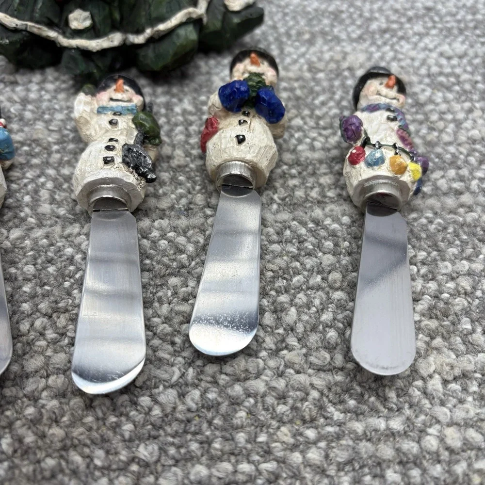 Snowman Cheese Butter Jam Spreaders In Festive Christmas Tree‎ Holder Resin